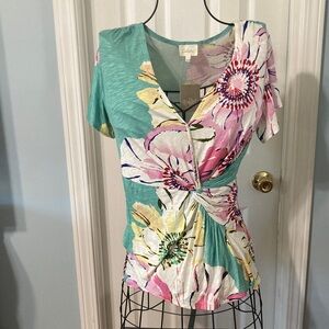 NWT Anthropologie Teal and Pink Floral Twist Top